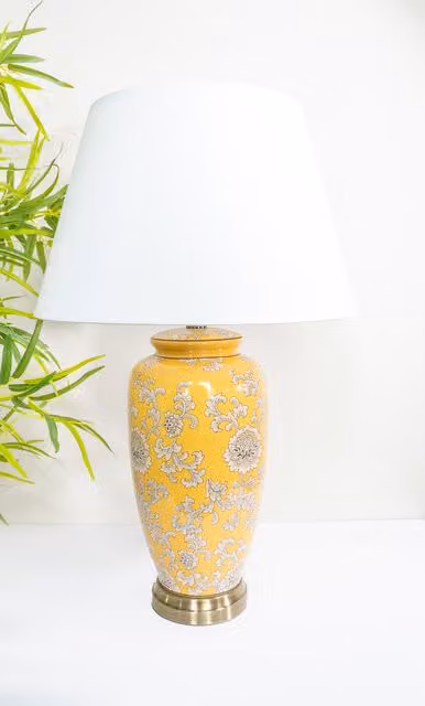 Downton Interiors Yellow and White Floral Ceramic Table Lamp with Plain Shade