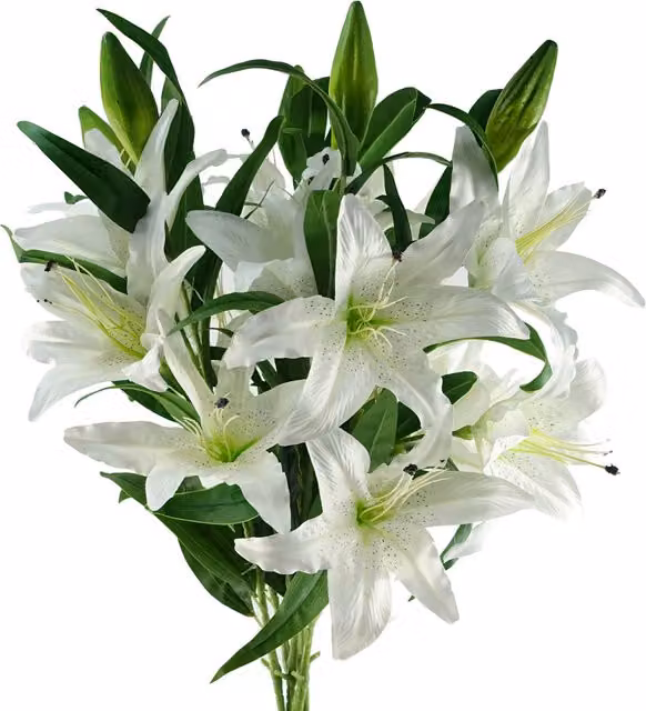 Pack of 6 Large White Silk Lily Stems with Leaves and 18 Flowers