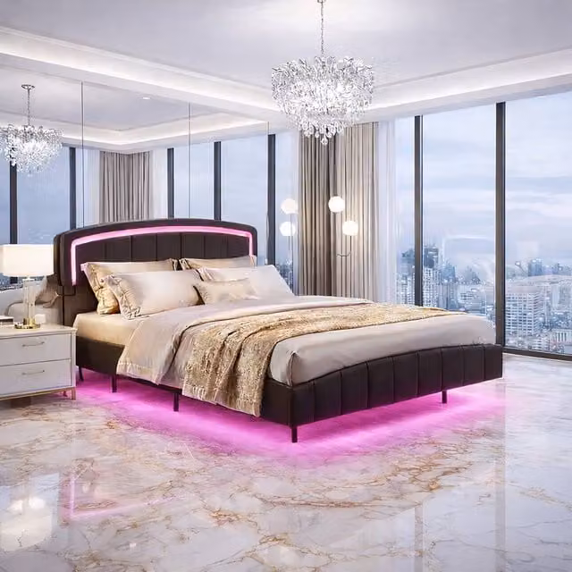 Harmin Sleek LED Upholstered Floating Design Faux Leather Double Bed Frame in Black, W: 140 cm, L: 200 cm