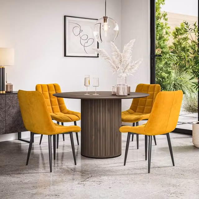 More4Homes Arlo Walnut Round Dining Table and Nova Velvet Dining Chairs Set of 6 in Yellow