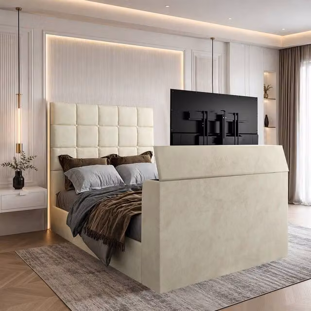 KDMD Allostock Upholstered Single TV Bed Frame in Beige Fabric