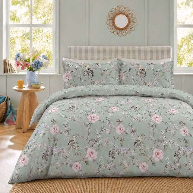 Florelle Reversible Wilder Inspired Bird Patterned Duvet Set with Pillowcases in Duck Egg Green and Pink Floral Design