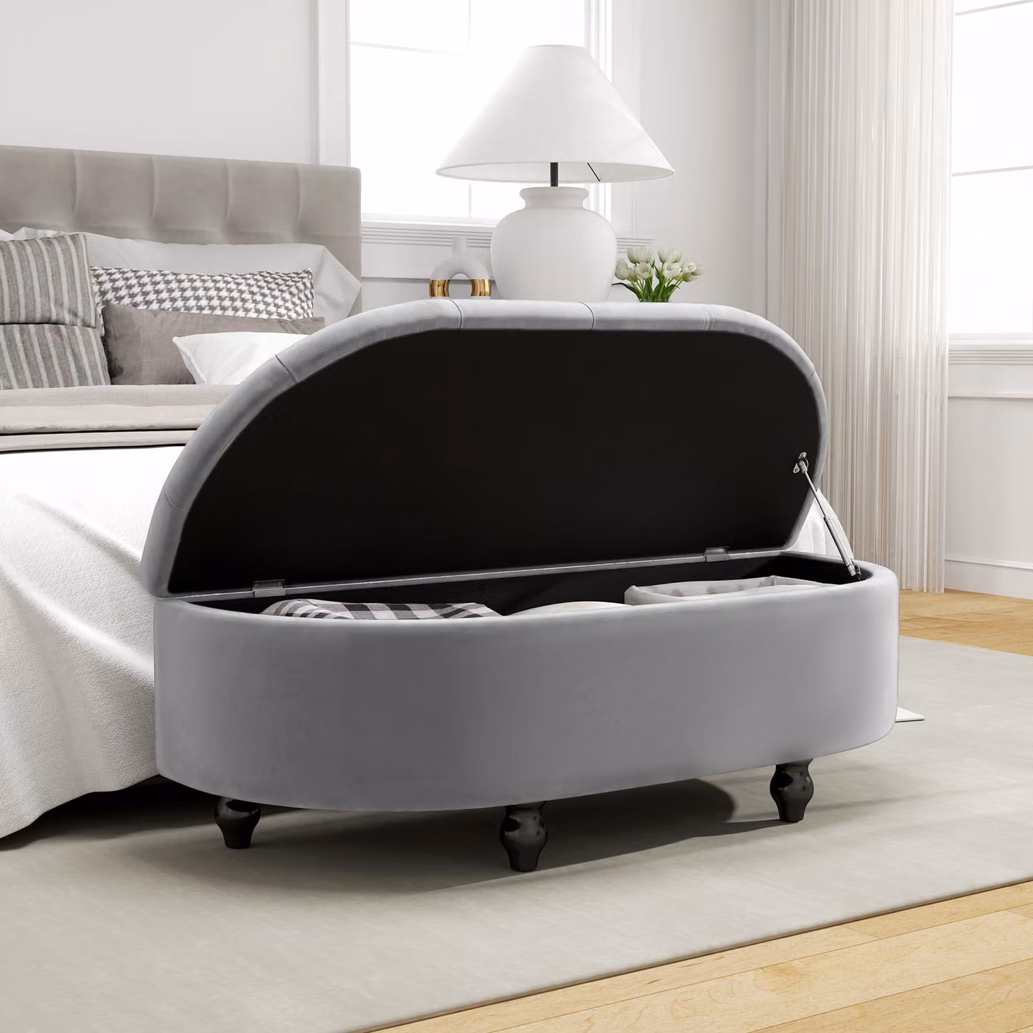 HOMCOM Semi-Circle Tufted Velvet Bed End Bench Ottoman with Storage and Rubberwood Legs, Grey, W: 120 cm, D: 45 cm, H: 118 cm – 7