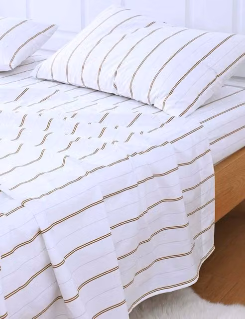 MM Linen White Striped Pure Cotton 200 Thread Count Percale Fitted Sheet W/D/H: 140 x 200 cm