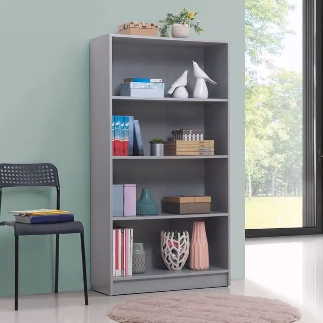 Timber Art Design 4 Tier Tall Bookcase and Display Shelving Unit in Light Grey, W: 80 cm, D: 30 cm, H: 150 cm – 1