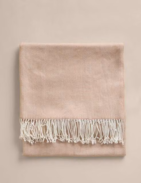 M&S Herringbone Woven Throw with Fringes in Beige