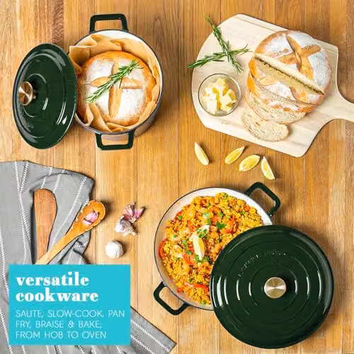 Argon Tableware Oval Enamelled Cast Iron Casserole Dish with Self-Basting Lid, Green, 4.68 l – 4