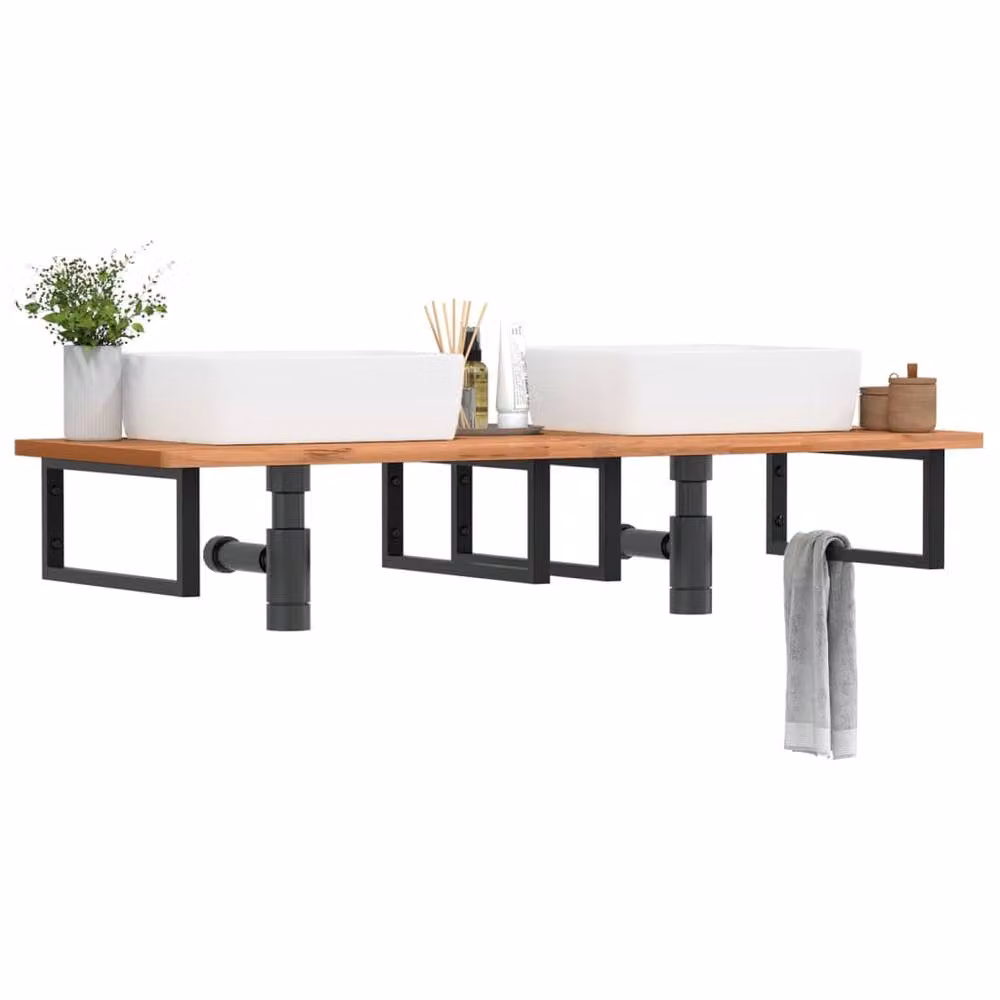 Berkfield Home Wall Mounted Basin Shelf in Brown Steel and Solid Beech Wood – 2