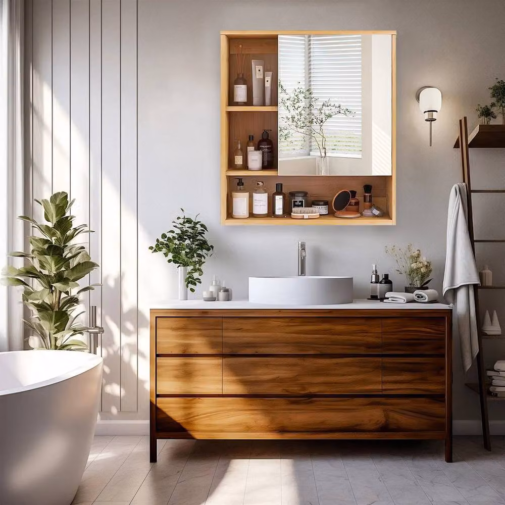 FORGEVIO Wall-Mounted Bamboo Medicine Cabinet with Mirrored Glass Doors in Natural Brown – 3