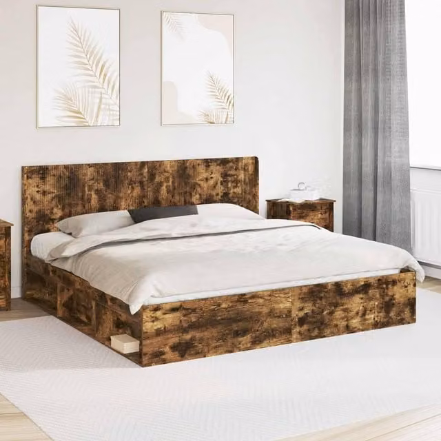 Berkfield Home Modern Bed Frame with Headboard and Side Compartment Storage in Smoked Oak Brown, 200 x 200 cm – 1