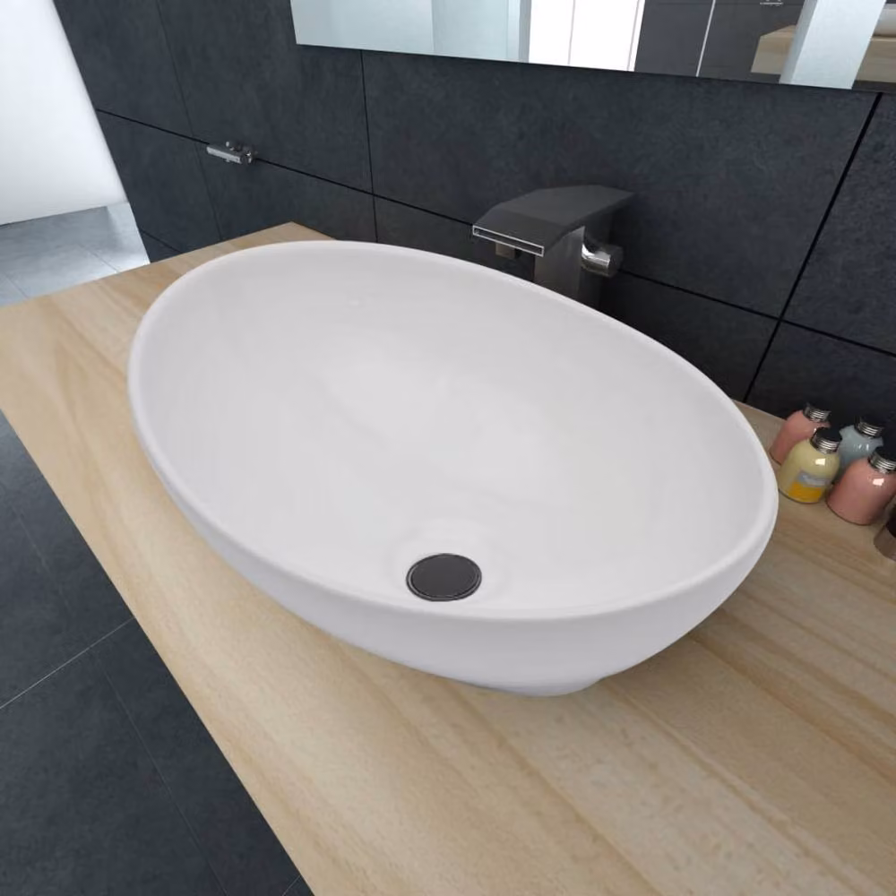Berkfield Home Luxury Oval Ceramic Countertop Basin in White W: 40 cm, D: 33 cm, H: 13.5 cm – 2