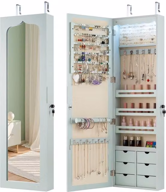 Gymax Wall Mounted Jewellery Armoire with 5 LED Lights and Lockable Mirror Door in Turquoise