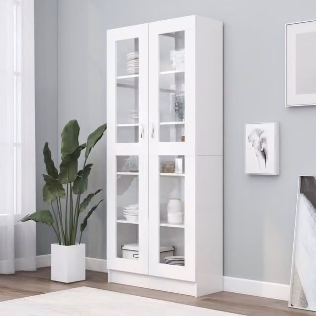 Berkfield Home White Vitrine Cabinet with Glass Doors and Internal Shelves, W/D/H: 82.5 x 30.5 x 185.5 cm