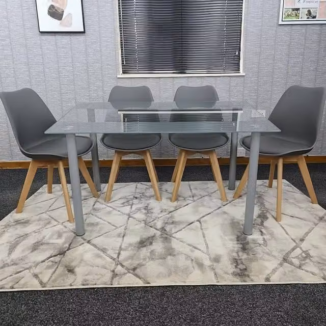 KOSY KOALA Modern Rectangular Dining Table Set with 4 Grey Striped Chairs and Transparent Glass Top