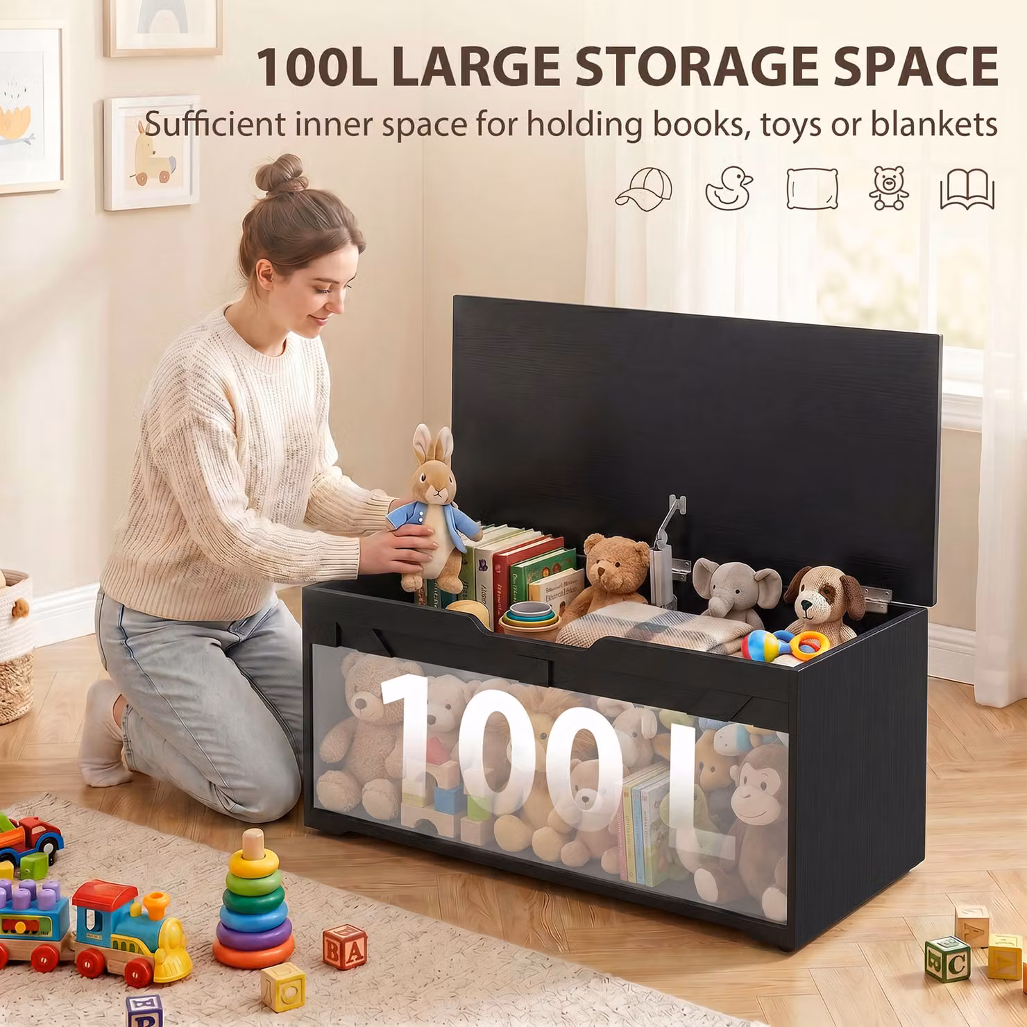 HOMCOM 100L Home Storage Box with Soft-Close Safety Hinge in Black Wood-Effect, W/D/H: 80 x 45 x 136 cm – 4