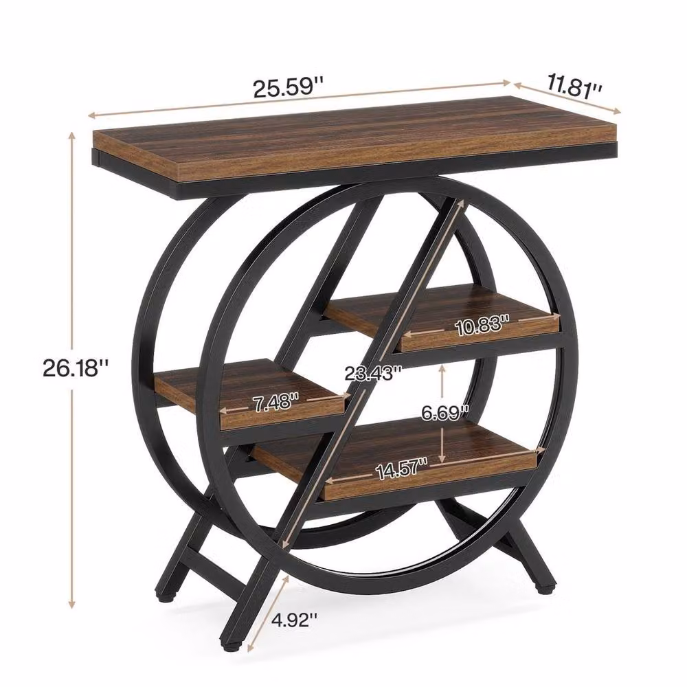 EONLION Industrial Wooden Narrow Sofa Side Table with Storage in Brown, H 66.5 x W 65.0 cm – 2