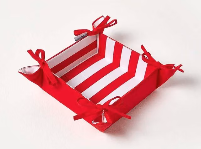 Homescapes Reversible Red Striped Bread Basket with Foldable 100% Cotton Fabric Liner