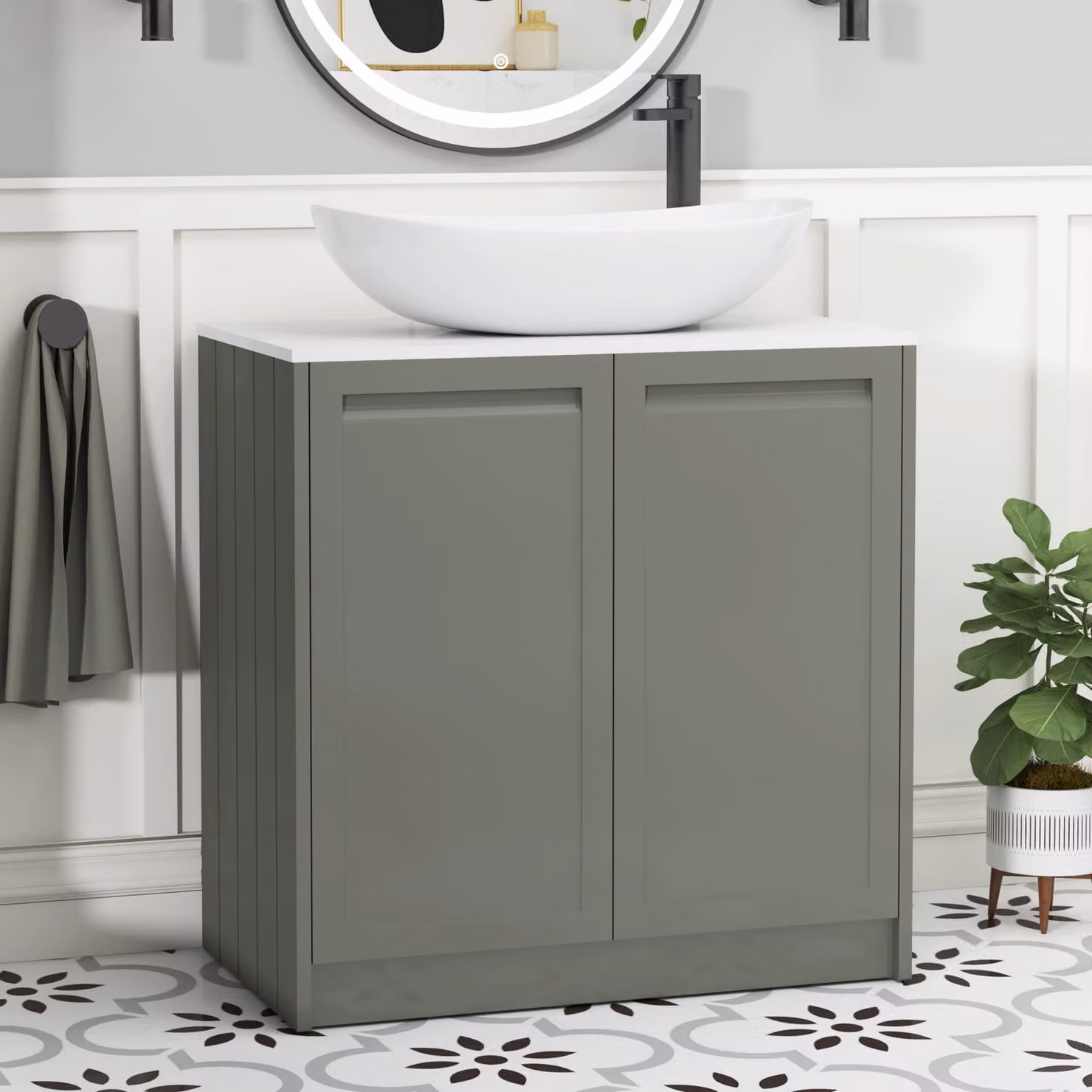 Royal Bathrooms Elmore 800mm Floor Standing 2 Door Vanity Unit in Matt Green with Plain White Worktop and Cesar Basin