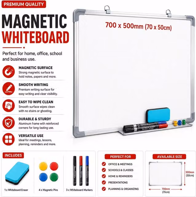 Atek Magnetic Whiteboard in White with Silver Aluminium Frame, W: 70 cm, H: 50 cm