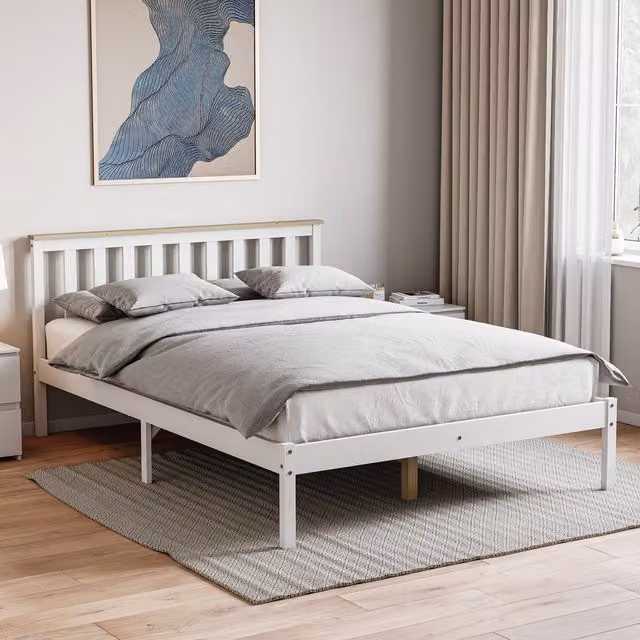 Vida Designs Milan Double Wooden Bed with Mattress, Solid Wood, W/D/H: 140 x 200 cm, Brown or White
