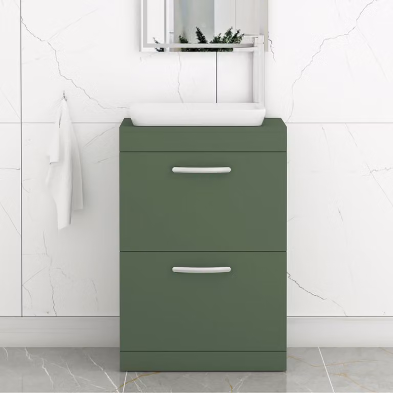 Royal Bathrooms Turin 600mm Floor Standing 2 Drawer Vanity Unit in Matt Green with Countertop Basin and Brushed Brass Handle