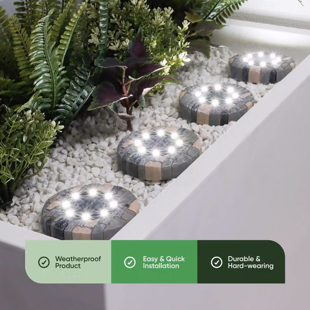 Gardenwize Pack of 4 Solar Stone Effect LED Decking Lights in Grey with White LEDs for Garden and Terrace – 3