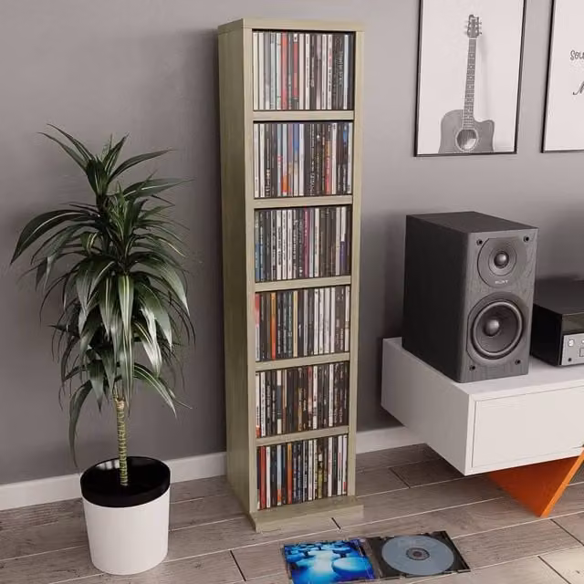 Berkfield Home CD Cabinet in Sonoma Oak and Beige, W/D/H: 21 x 20 x 88 cm