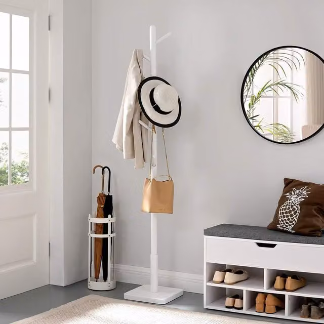 VASAGLE White Premium Wood Hall Stand Multi Hook Coat Tree with Adjustable Height, H: 175 cm, W: 30 cm, D: 24 cm – 1