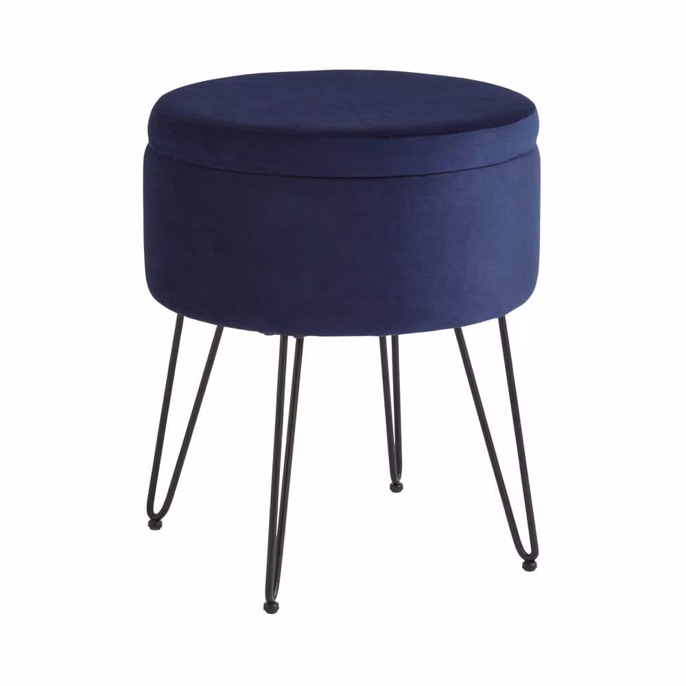 GFW Avery Velvet Storage Stool in Midnight Blue with Metal Frame – 1