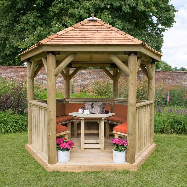 Forest Hexagonal Garden Gazebo in Red and Green with Pine and Steel Construction, 3 m Diameter
