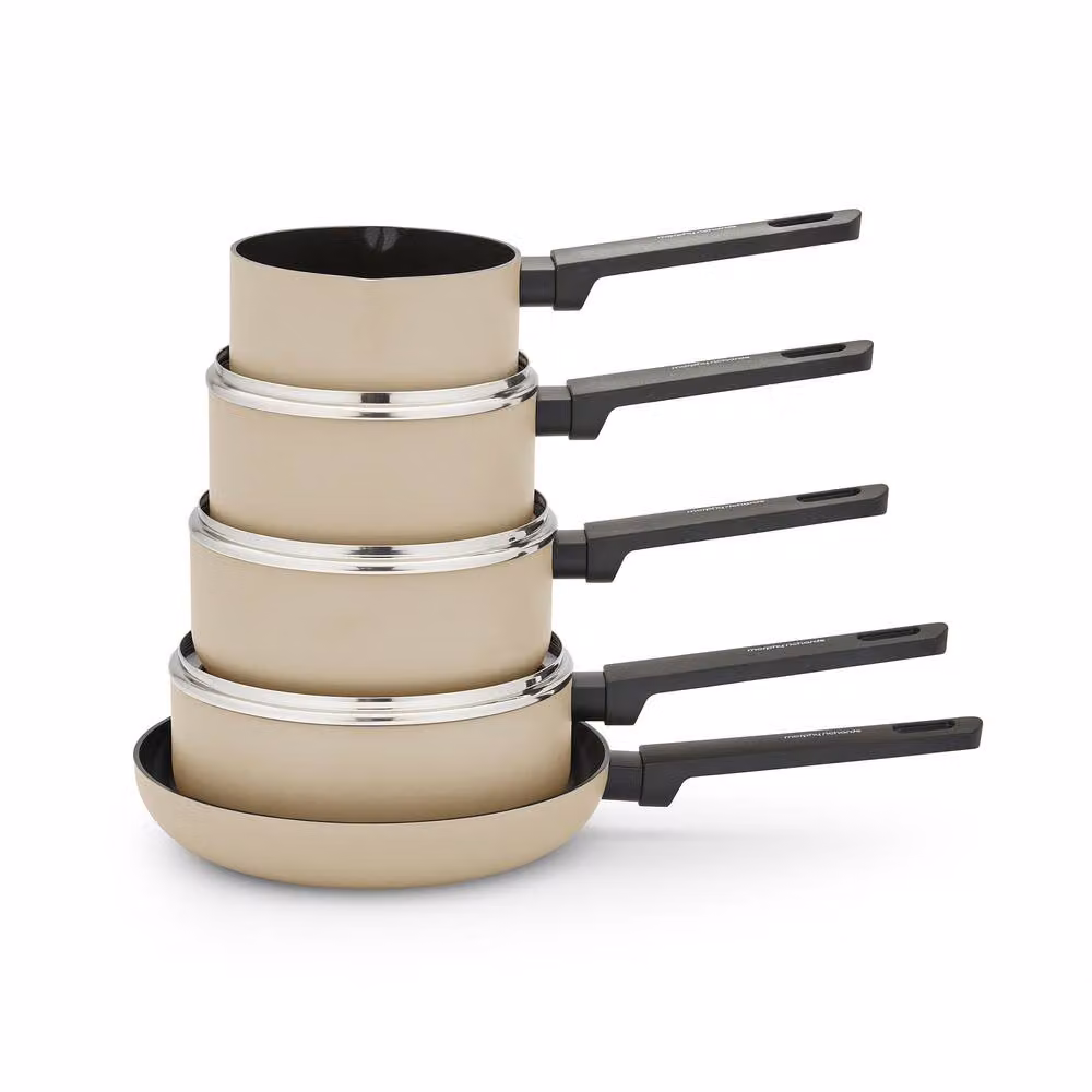 Morphy Richards 5-Piece Aluminium and Ceramic Saucepan and Frying Pan Set, Beige – 5