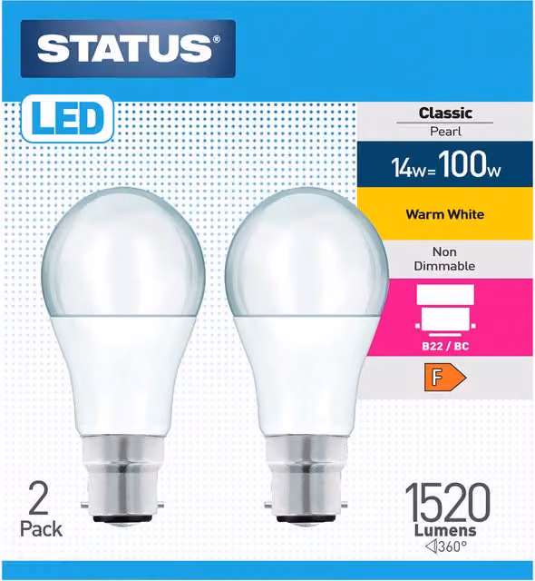 Pack of 2 Status Warm White Classic Pearl LED Lightbulbs, 14W, B22 Bayonet Cap