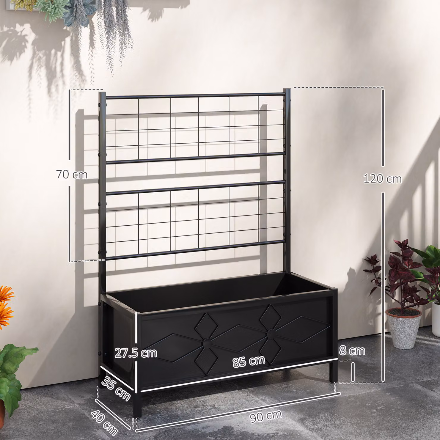 Outsunny Raised Garden Bed with Trellis and Diamond Pattern Galvanised Steel Planter Box, Black, W: 90 cm, D: 40 cm, H: 120 cm – 3