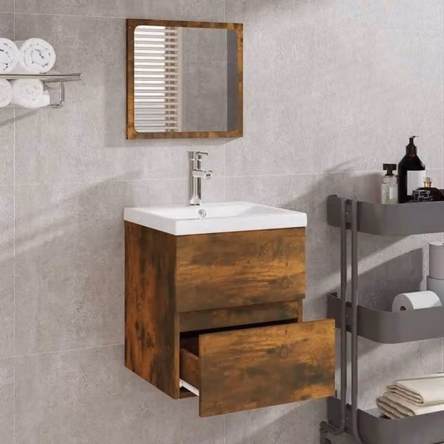 Berkfield Home Modern Wall Mounted Bathroom Cabinet with Mirror in Smoked Oak Brown, W/D/H: 45.0 x 38.5 x 41.0 cm – 1