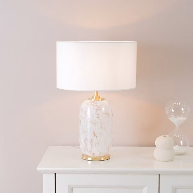 ValueLights India Table Lamp with White Fabric Drum Shade, Rounded White Confetti Glass Base and LED Bulb