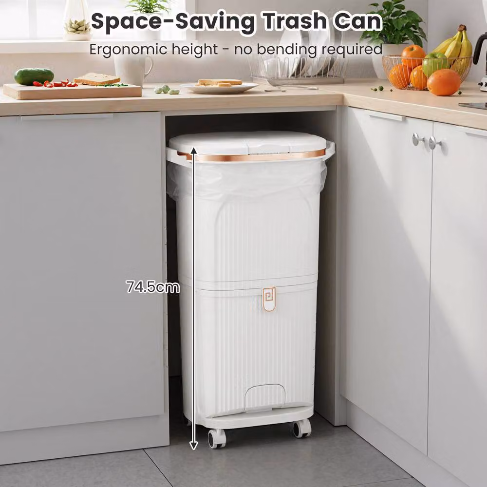 Costway 38L 2-Tier Kitchen Trash Can with Lid and Step Pedal, White – 6