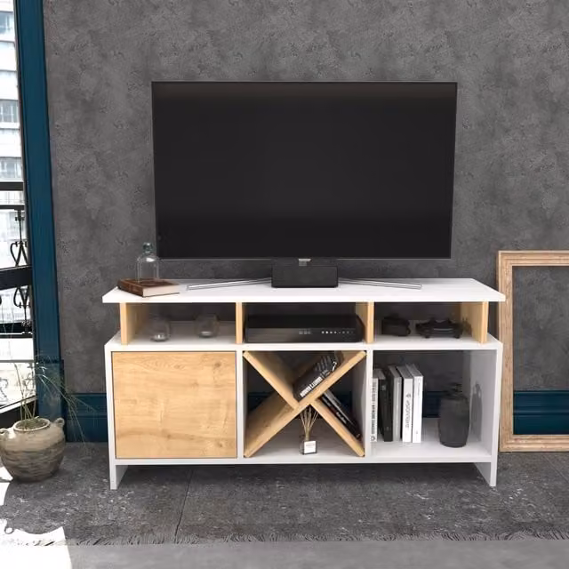 Decorotika Modern Geometric TV Unit in White and Oak, Width: 120 cm