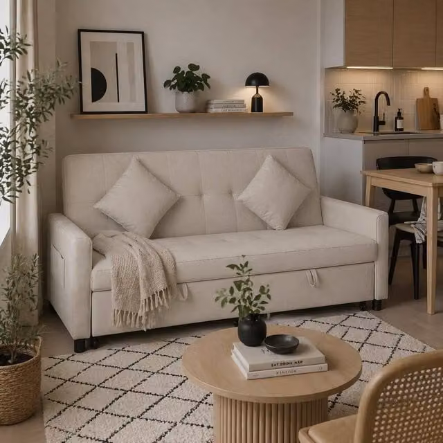 Wyld Haus Yokari 3 Seater Beige Velvet Click Clack Convertible Sofa Bed with Solid Wood Frame and Scatter Cushions, W/D/H: 196 x 89 x 90 cm – 1
