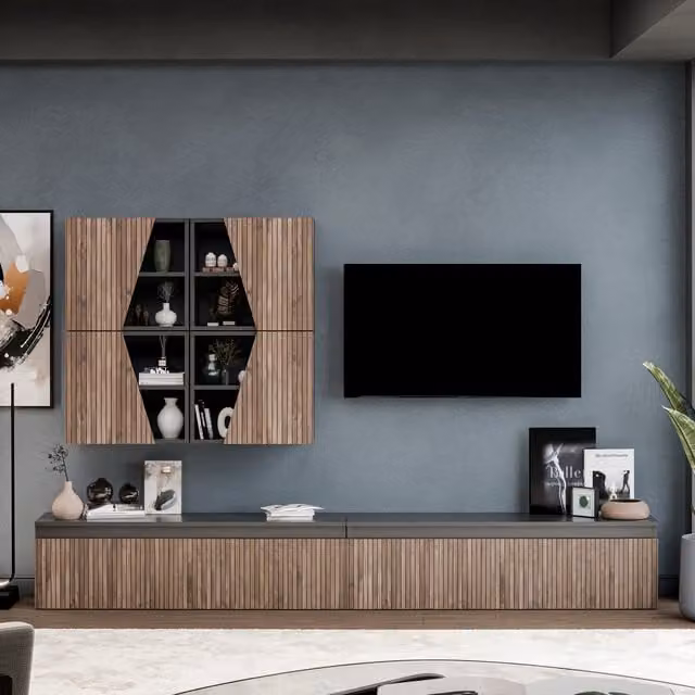 Decorotika Modern Wall Mounted Entertainment Center with Lowboard and Display Vitrine in Black and Brown