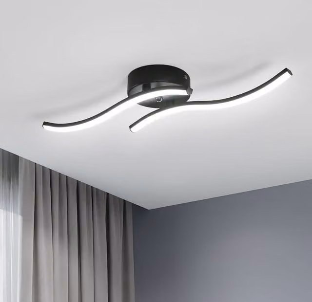 Pheashine Modern Black 2-Bar Wave LED Flush Mount Ceiling Light, 12W, 6500K Cool White, W: 52 cm