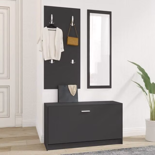 Berkfield Home 3-in-1 Modern Shoe Cabinet, Wall Rack and Mirror Set in Black Matt MDF
