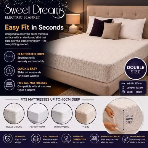 Sweet Dreams White Double Size Fleece Electric Heated Mattress Cover with Overheat Protection and Timer, W/D/H: 140 x 200 cm – 3