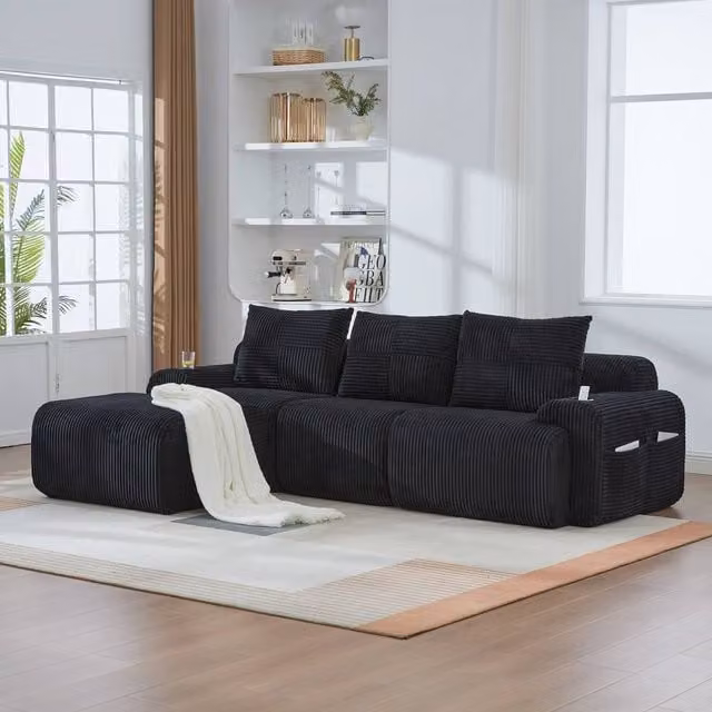 Direct Wicker 3-Seater Modular L-Shape Cord Sofa with 2 Ottomans, Cup Holders and Side Storage in Black