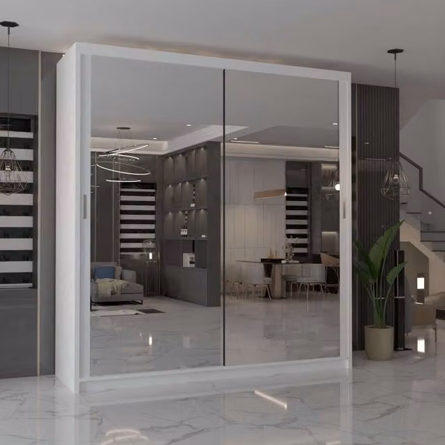 MN Furniture Cuba Sliding Mirror Wardrobe with Integrated LED Lighting, White, W: 90 cm, H: 200 cm