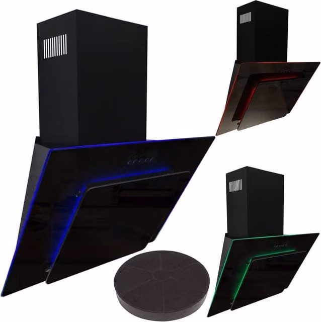 SIA Black LED Edge Lit Angled Glass Cooker Hood with Activated Carbon Filter, Width: 90 cm