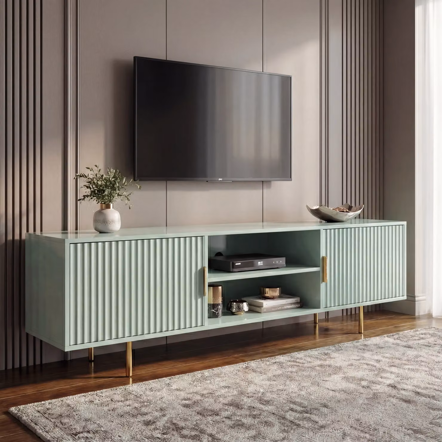 DHS Flutrina Modern Lacquered TV Unit Cabinet in Green, W/D/H: 180 x 40 x 55 cm