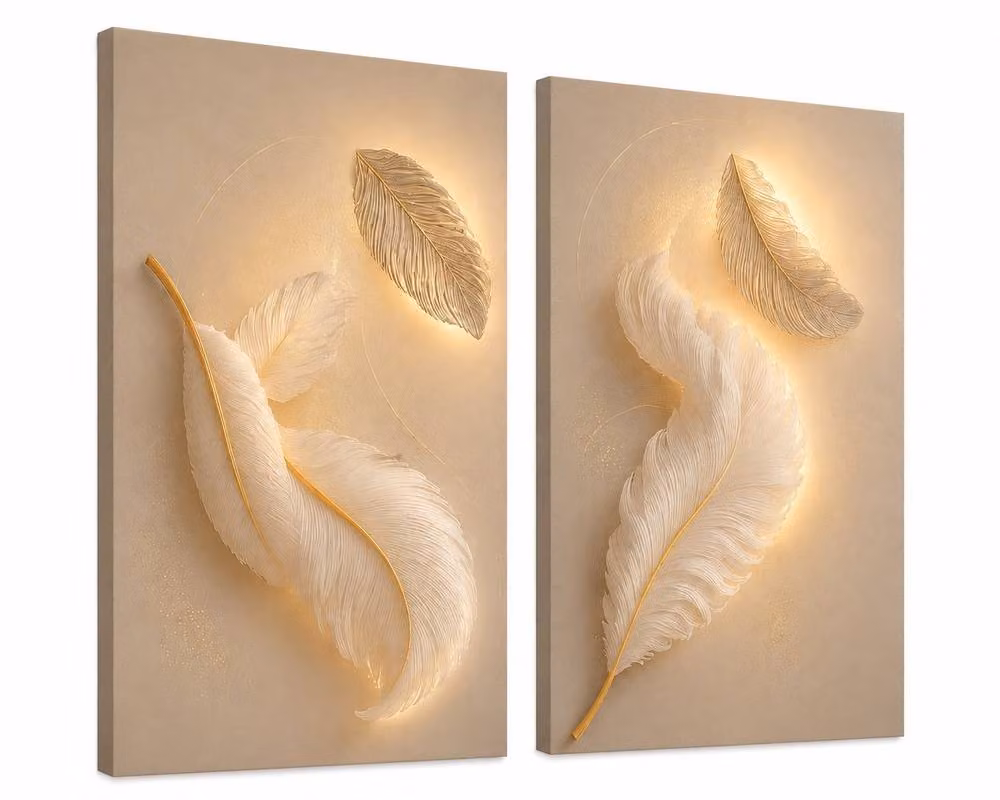 Mafett Premium Oversized Feather Canvas Wall Art Set of 2 in Beige and Gold, W: 150 cm, H: 80 cm – 2