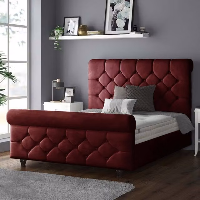 IH Design Chesterfield Upholstered Velvet Bed Frame, Red, 180 x 200 cm