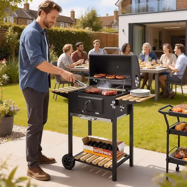 OUTSUNNY Charcoal BBQ Grill with Warming Rack, Temperature Gauge and 3 Shelves, Black, W/D/H: 112 x 58 x 107 cm