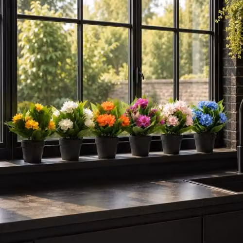 Leaf Artificial Freesia Flowering Potted Houseplant in Pink, Blue, White, Yellow or Orange, Height: 18 cm